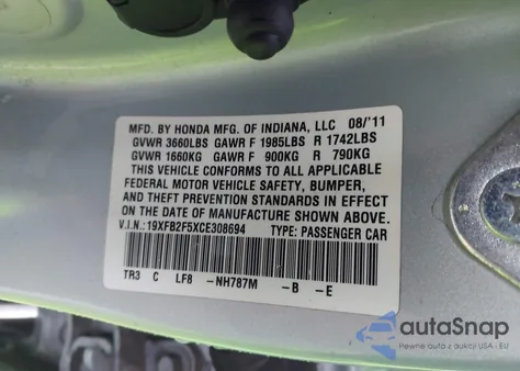 2012 Honda Civic Lx z USA, uszkodzony, nr VIN 19XFB2F5XCE308694